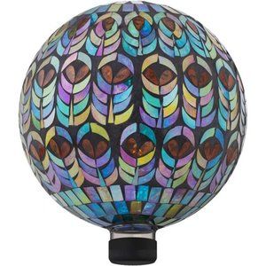 Mosaic Gazing Globe w/Peacock Feather Pattern, 11 Inch Tall, Multi-Color